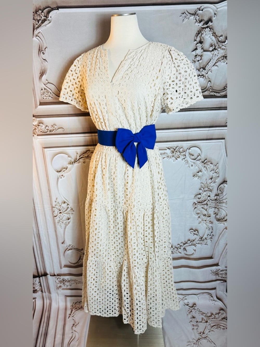 White Eyelet Maxi Dress with Royal Blue Bow Belt - Picture 2 of 13